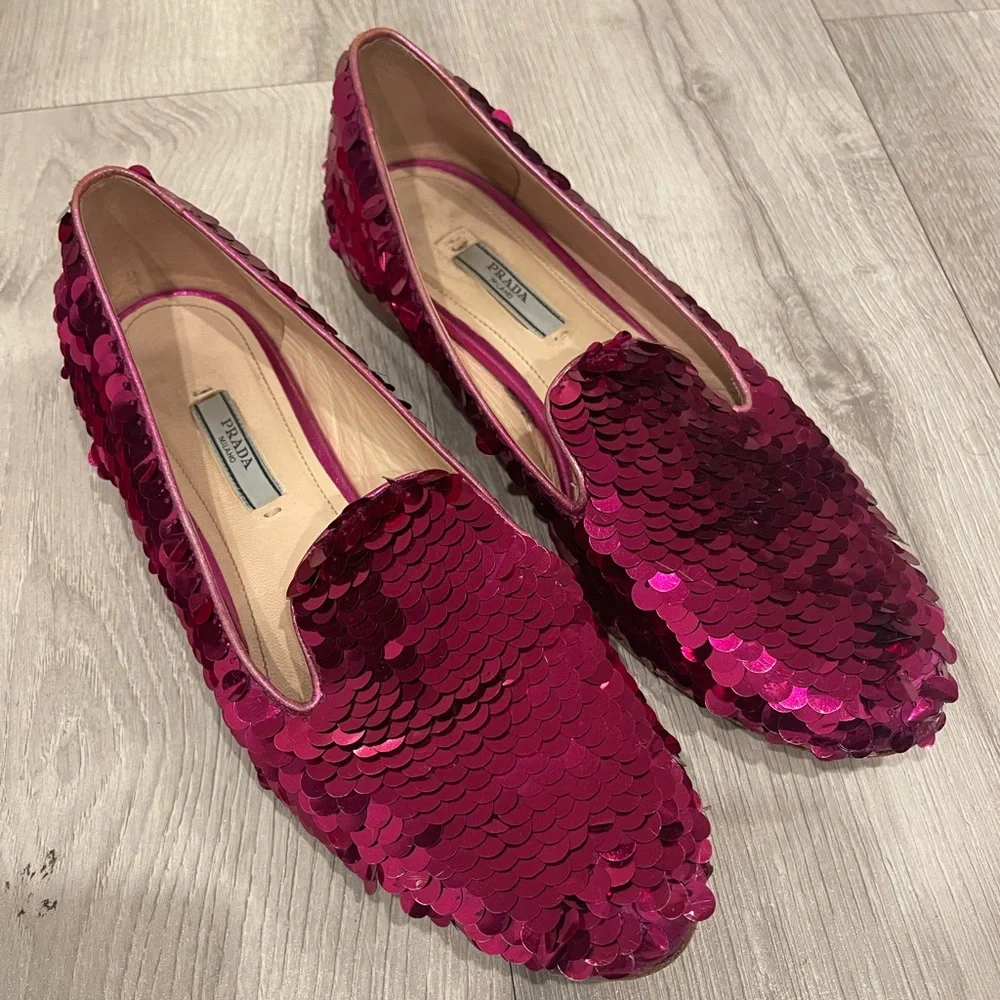 Pink sequin Prada loafers - Picture 1 of 5